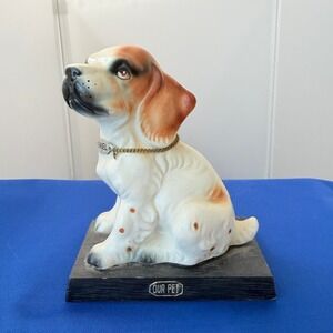 Vintage Spaniel Hound Dog Figurine Ceramic Our Pet Statue Wood Base Brown White